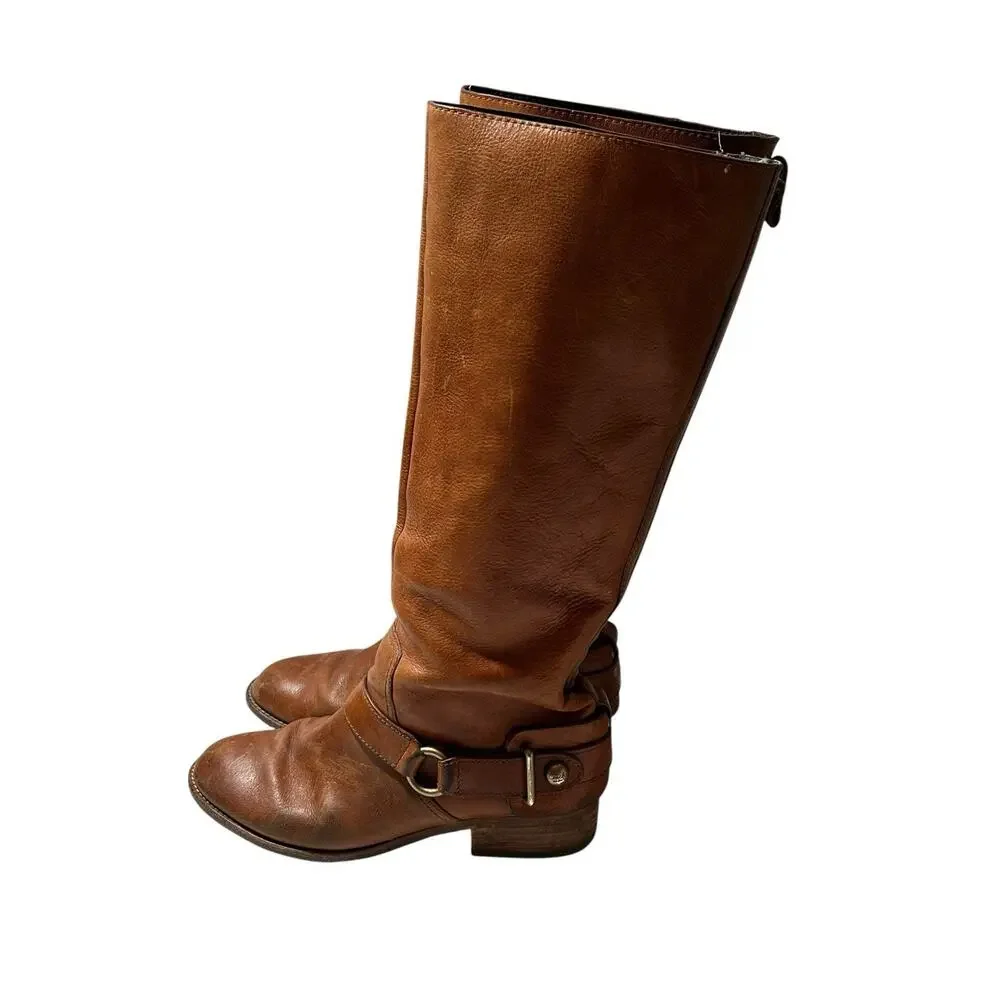 Coach Natale Harness Riding Boots Women 7.5B Cognac Leather Knee High Equestrian